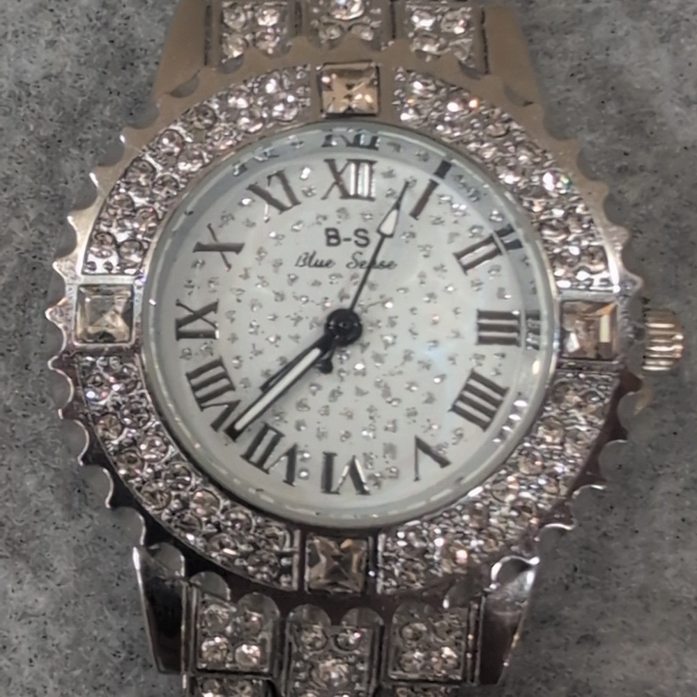 Women's Blue Sense Rhinestone Watch‎ Roman Numerals Silver Tone Band Crystal